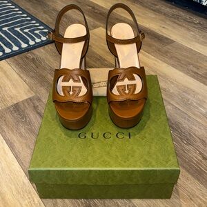 GUCCI Women 38 Interlocking G Cutout Brown Platform Sandals 💯 Authentic NEW
